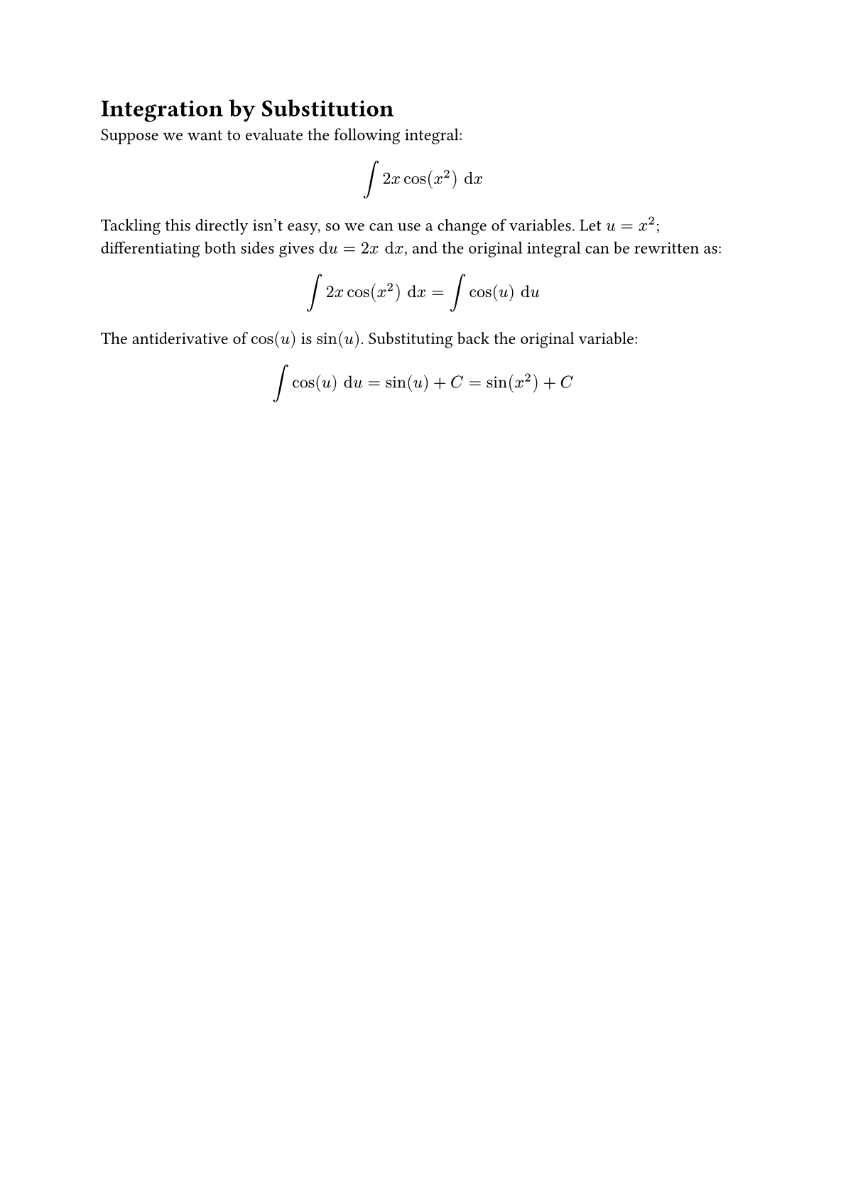 Integration-by-substitution example output