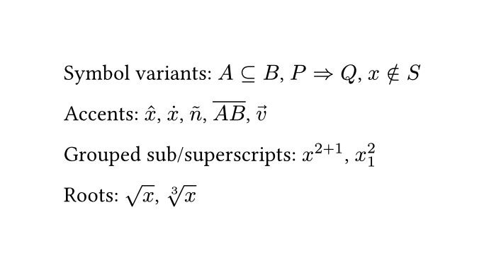 Math symbols and accents example